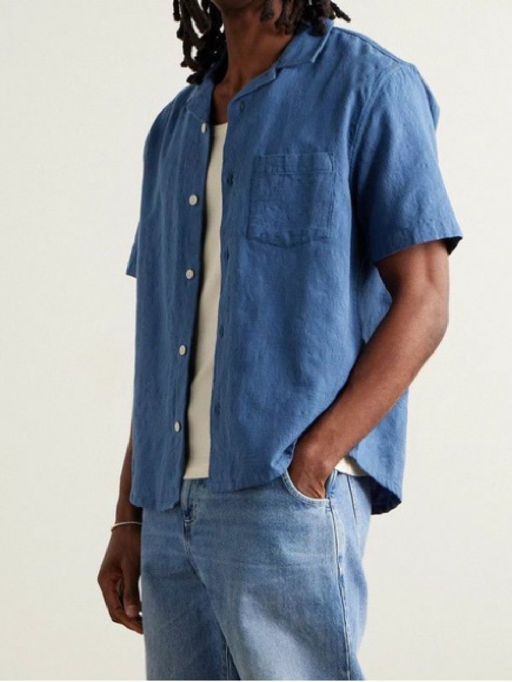 Corridor Camp-Collar Floral Jacquard Cotton Shirt Blue size Large